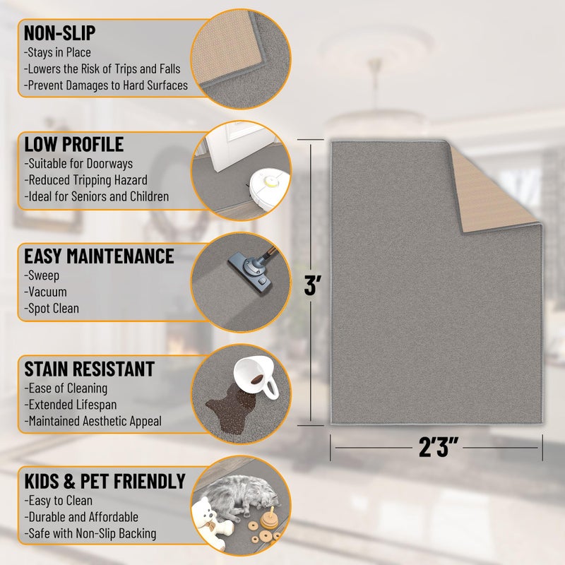 Ottomanson Rugs for Entryway 2'3" x 3' Non Slip Solid Small Area Rugs Durable Front Door Mat Rug Stain Resistant Entrance Rugs for Bathroom Kitchen Bedroom & Living Room, Gray - Image 2